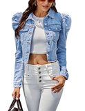 Women's Vintage Frayed Raw Hem Ripped Long Puff Sleeve Crop Denim Jacket (DarkBlue-M)
