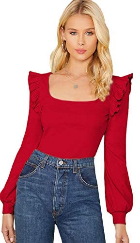 Women's Long Sleeve Scoop Neck Ruffle Trim Top Blouse Lantern Sleeve Solid Tee