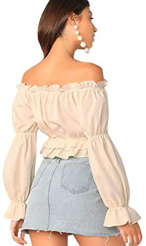Women's Sexy Striped Off Shoulder Long Sleeve Shirt Ruffle Trim Blouses Top