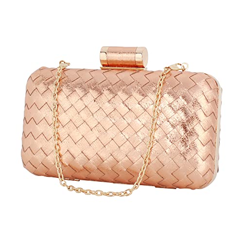 Women Lattice Pattern Metal Handbag Chain Geometric Evening Clutch Purse, Gold
