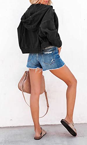 Denim Jacket for Women Distressed Ripped Frayed Crop Jean Jacket American Flag Long Sleeve Light Blue Button Closure Bike Coat