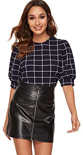 Women's Puff Sleeve Plaid Work Blouse High Neck Office Top