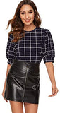 Women's Puff Sleeve Plaid Work Blouse High Neck Office Top