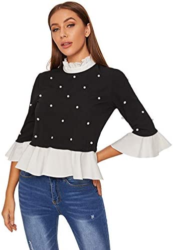 Women's Cute Long Sleeve Ruffle Hem Sweatshirt Contrast Collar Top