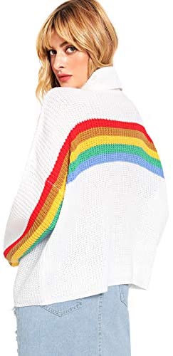 Women's High Neck Batwing Sleeve Striped Rainbow Pullovers Sweaters