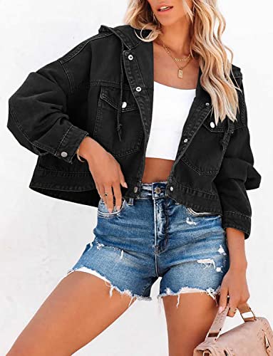 Denim Jacket for Women Distressed Ripped Frayed Crop Jean Jacket American Flag Long Sleeve Light Blue Button Closure Bike Coat