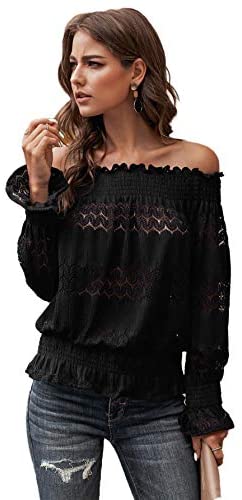 Women's Off Shoulder Flounce Long Sleeve Blouse Frill Trim Loose Shirt Peplum Top