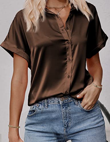Black Silk Button Up Shirt Women Satin Blouse Casual V-Neck Long Sleeve Business Office Blouses Tops Black S