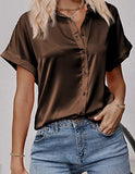 Black Silk Button Up Shirt Women Satin Blouse Casual V-Neck Long Sleeve Business Office Blouses Tops Black S