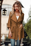 Women's Casual Lightweight Jackets Long Sleeve Drawstring Waist Lapel Trench Coat Outwear with Pockets