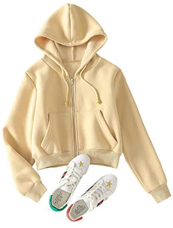 Women's Crop Zip Up Drawstring Pocket Basic Zipper Hooded Sweatshirt