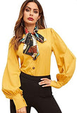 Women's Lantern Long Sleeve Bow Tie Neck Button Up Work Blouses Shirt Top