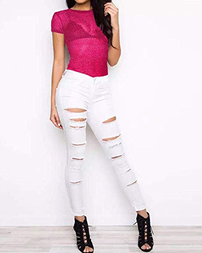 Women's Long Sleeve Short Sleeve Glitter Sheer Mesh Tops T Shirt Blouse Clubwear