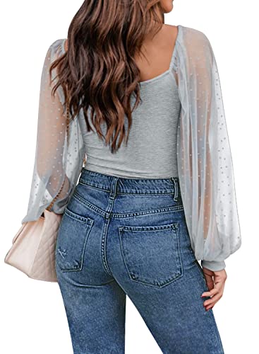 Women's Puff Sleeve Tops Mesh Sexy Casual Tee Shirts Blouses