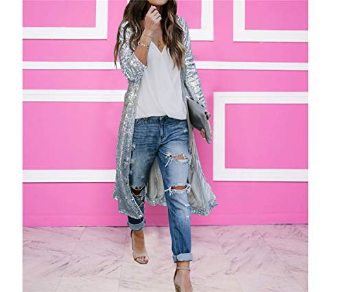 Womens Spring Autumn Sequins Open Front Covers Up Overcoat Long Sleeve See Through Slim Belted Cardigan Coat Windbreaker Jacket Party Club Dress Silver(Order one or Two Size Up )