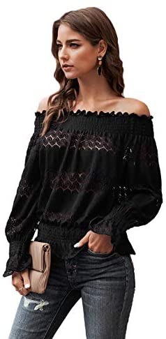Women's Off Shoulder Flounce Long Sleeve Blouse Frill Trim Loose Shirt Peplum Top