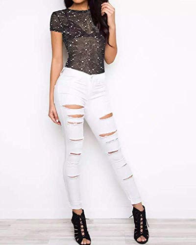 Women's Long Sleeve Short Sleeve Glitter Sheer Mesh Tops T Shirt Blouse Clubwear