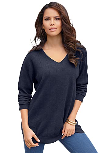 Women's Plus Size Fine Gauge Drop Needle V-Neck Sweater