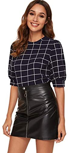 Women's Puff Sleeve Plaid Work Blouse High Neck Office Top