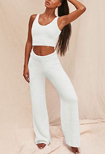 Womens Fuzzy Fleece 3 Piece Pajama Set Tank Crop Tops Pants Open Front Cardigan Lounge Outfit Light Blue S
