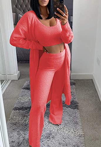 Womens Fuzzy Fleece 3 Piece Pajama Set Tank Crop Tops Pants Open Front Cardigan Lounge Outfit Light Blue S