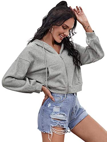 Women's Crop Zip Up Drawstring Pocket Basic Zipper Hooded Sweatshirt