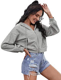 Women's Crop Zip Up Drawstring Pocket Basic Zipper Hooded Sweatshirt