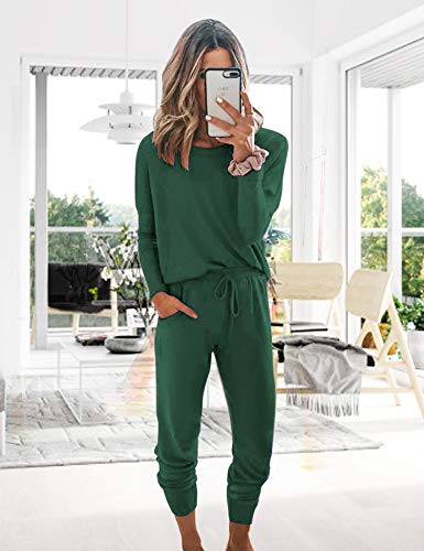 Women's Long Sleeve Loungewear Crewneck Pullover Tops Long Pants Sweatsuits Tracksuits with Pockets Army Green