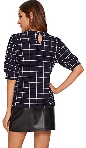 Women's Puff Sleeve Plaid Work Blouse High Neck Office Top
