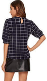 Women's Puff Sleeve Plaid Work Blouse High Neck Office Top