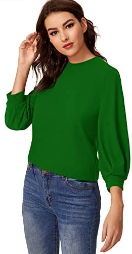 Women's 3/4 Long Sleeve Casual Office Blouse for Work Round Neck Top Plain Shirt