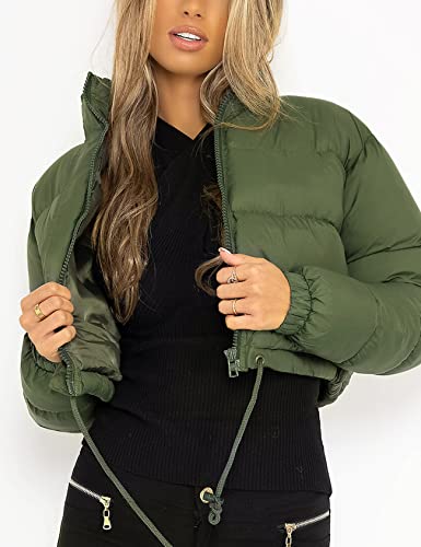 Women Cropped Puffer Jacket Winter Zip Up Short Padded Down Coat(Green-M)