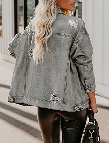 Denim Jacket for Women Distressed Ripped Frayed Crop Jean Jacket American Flag Long Sleeve Light Blue Button Closure Bike Coat