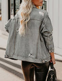 Denim Jacket for Women Distressed Ripped Frayed Crop Jean Jacket American Flag Long Sleeve Light Blue Button Closure Bike Coat