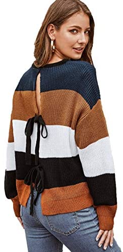 Women's Long Sleeve Pullovers Tie Back Color-Block Striped Sweater