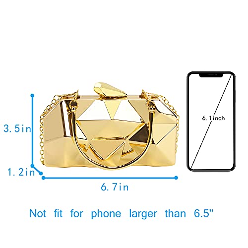 Women Lattice Pattern Metal Handbag Chain Geometric Evening Clutch Purse, Gold