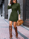 Women Sweater Bodycon Short Dress Long Sleeve Crew Neck Slim Fit Solid Dressy Fall Winter Mini Ribbed Knit Dresses(Solid Dark Coffee, Large)