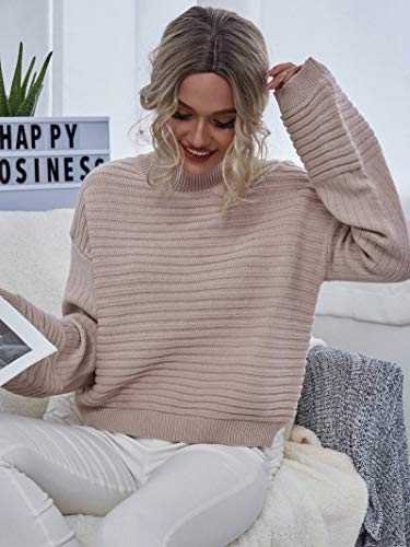 MakeMeChic Women's Solid High Neck Drop Shoulder Textured Pullover Sweater Apricot L