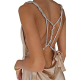 Women Girls Backless Sequin Dresses Spaghetti Strap Deep V-Neck A-line Short Dress Sparkly Party Clubwear