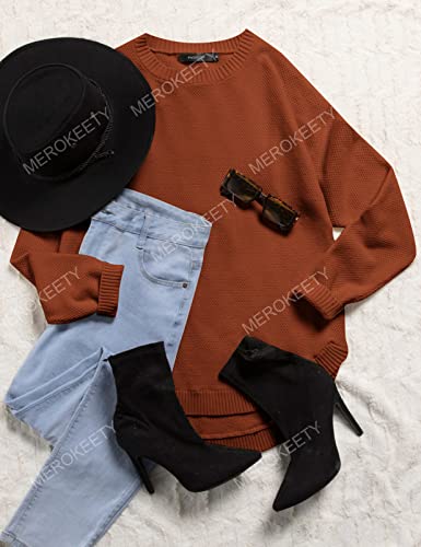 Women's Long Sleeve Oversized Crew Neck Solid Color Knit Pullover Sweater Tops Mocha