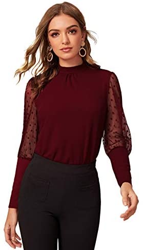 Women's Mesh Sheer Polka Dot Sleeve Blouse Long See Through Top