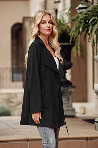 Women's Casual Lightweight Jackets Long Sleeve Drawstring Waist Lapel Trench Coat Outwear with Pockets