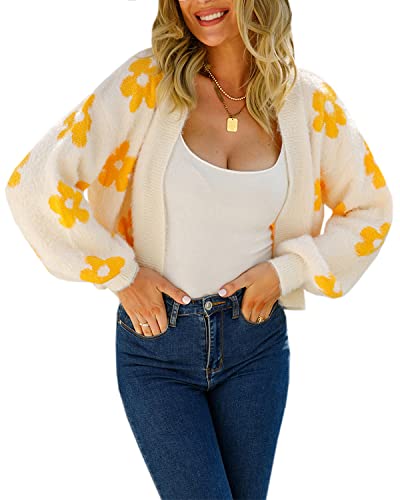Women's Cardigan Sweaters - Floral Knit Open Front Crop Cardigans Long Sleeve Sweater Outwear Tops Orange L