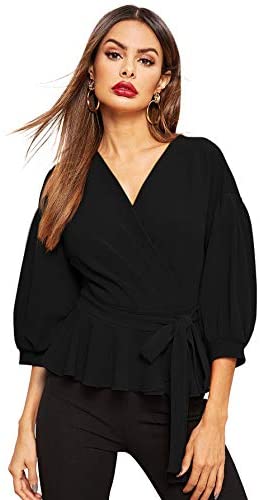 Women's Lantern 3/4 Sleeve V Neck Ruffle Blouse Tie Waist Wrap Peplum Top