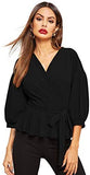 Women's Lantern 3/4 Sleeve V Neck Ruffle Blouse Tie Waist Wrap Peplum Top