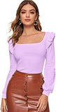 Women's Long Sleeve Scoop Neck Ruffle Trim Top Blouse Lantern Sleeve Solid Tee