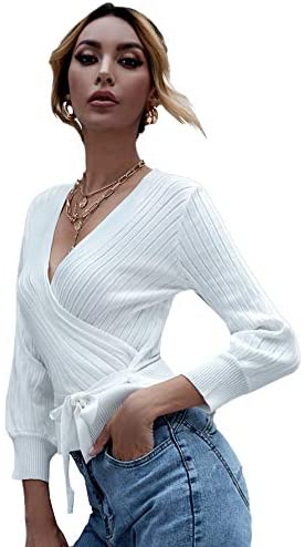 Women's Long Sleeve V Neck Wrap Front Tied Surplice Sweater Tops White One Size