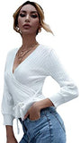 Women's Long Sleeve V Neck Wrap Front Tied Surplice Sweater Tops White One Size