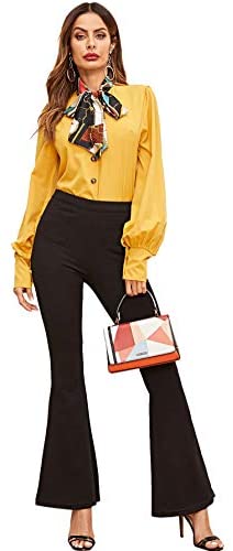 Women's Lantern Long Sleeve Bow Tie Neck Button Up Work Blouses Shirt Top