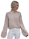 MakeMeChic Women's Solid High Neck Drop Shoulder Textured Pullover Sweater Apricot L